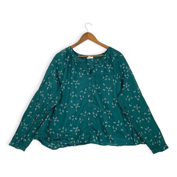 ANA Blouse Womens 2X Plus Green Floral Button Front Relaxed Balloon High Low Top - Picture 1 of 9